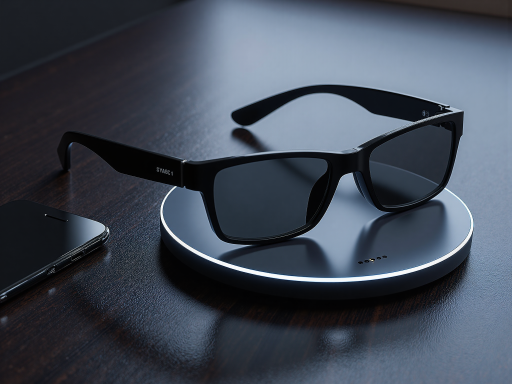 智能眼镜产品展示，白色边框设计，现代科技风格，LED指示灯，透明显示屏，未来主义设计元素，明亮自然光