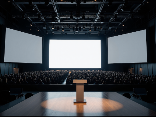 科技会议舞台场景，演讲者使用智能眼镜演示，大屏幕显示PPT，现代会议厅，专业音响设备